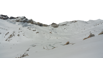 Snow capped mountain peaks isolated on transparent background, PNG Format