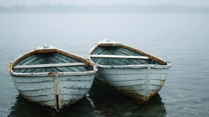 Obraz premium Two old, weathered rowboats floating on a calm, misty lake. The boats are white with blue and green accents, and they are surrounded by a serene, foggy landscape.