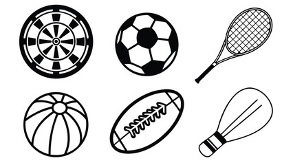 Black and white outlined sports equipment set perfect for graphic design projects