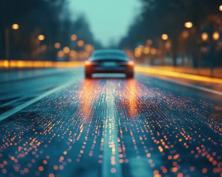 Modern City Road At Night With Digital Rain Effect - Powered by Adobe