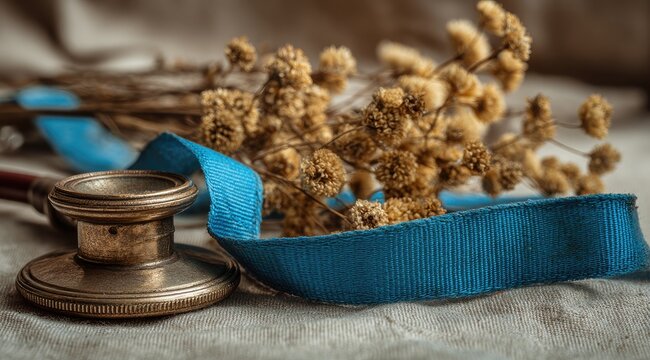 Antique brass stethoscope rests on fabric beside dried flowers and a blue ribbon