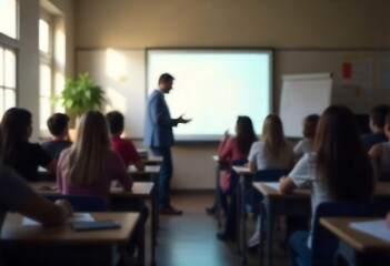 Generative AI Blurred classroom scene featuring a teacher presenting to students
