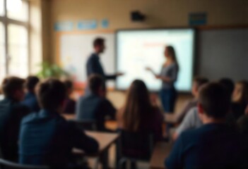 Obraz premium Generative AI classroom scene featuring students and teachers at the front