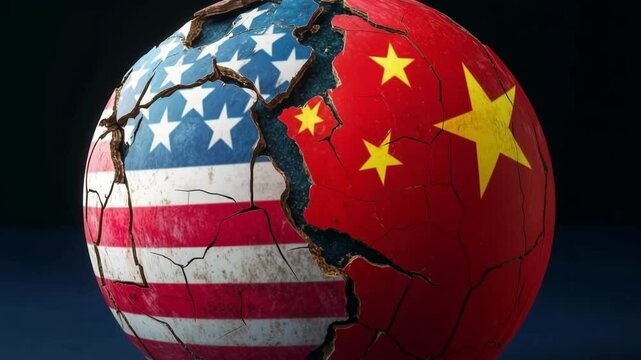 Cracked globe with USA and China flags symbolizing geopolitical tension