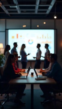 Generative AI Business strategy meeting with data visualization in modern office