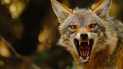 A fierce, angry coyote with sharp teeth and a wide-open mouth, surrounded by dense foliage in a forest setting.
