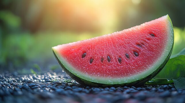 Watermelon Slice on Ground with Blurred Background