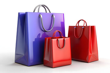 Three glossy shopping bags red and blue isolated on transparent background