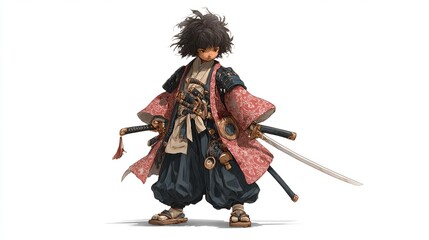 Child samurai,  standing,  holding swords,  traditional attire