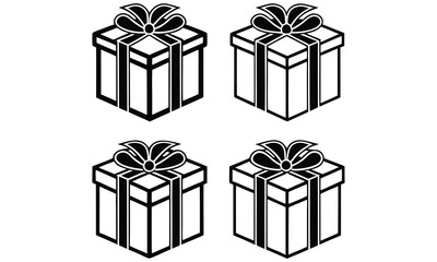 Four black and white gift box icons with bows perfect for holiday designs and packaging