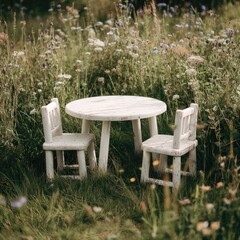 A weathered white child's table and two chairs sit amidst a vibrant wildflower meadow