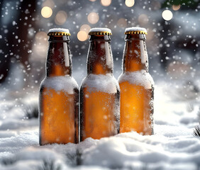 three amber beer bottles standing in the snow with frost and condensation, illuminated by natural light in a wintry outdoor setting 