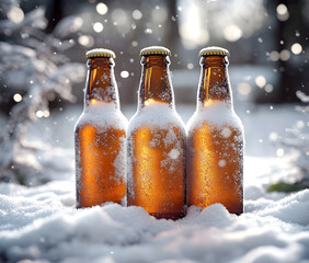 three amber beer bottles standing in the snow with frost and condensation, illuminated by natural light in a wintry outdoor setting 2 