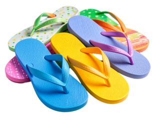  “Angled View of Scattered Colorful Flip Flops, Transparent Background”