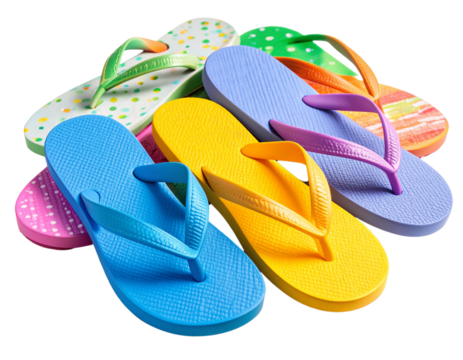  “Angled View of Scattered Colorful Flip Flops, Transparent Background” - Powered by Adobe