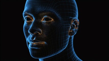 black human face projection hologram on black background, abstract grid technology