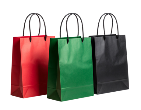 “Floating Red, Black, and Green Shopping Bags with Dynamic Motion, Transparent PNG”
