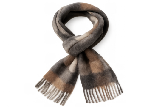 Checkered scarf with fringes tied and isolated on transparent background, perfect for winter apparel mockups