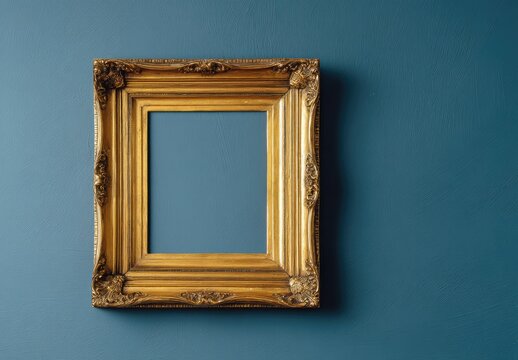 Ornate gold frame against a teal wall, empty, awaiting a picture or artwork