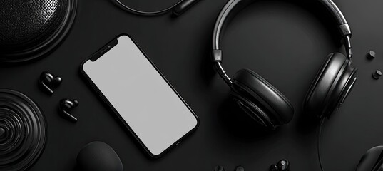 Dark aesthetic flatlay of black tech accessories smartphone, headphones, earbuds, and cases