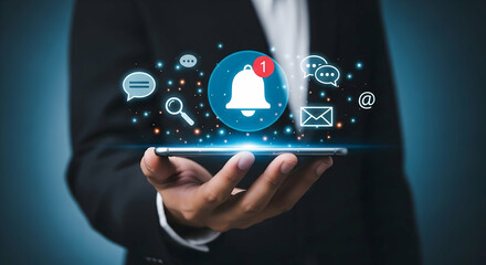 Businessman Using Phone with Email Notification Icon. Email Notification Alert with Smartphone in Hand concept ,Email Pop-Up Alert with Smartphone, Email and Text Message Notification on Mobile Device