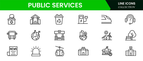 Essential vector web line icons depicting public services, healthcare, education, safety, utilities, and community support for societal well-being.