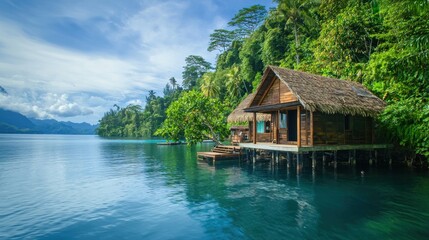 A wooden hut with a thatched roof on stilts over a calm blue lake, surrounded by lush green trees and mountains in the distance.
