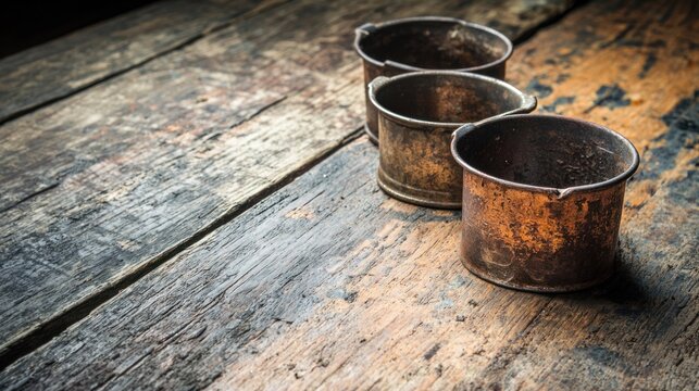 Vintage metal measuring cups on a rustic wooden kitchen table