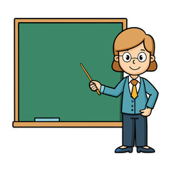 Cartoon vector illustration of a teacher in a classroom presenting a lesson on a blackboard