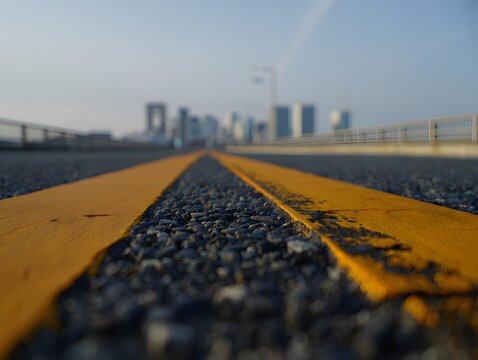 A road stretching toward a city skyline, with a foreground view of yellow lines. The scene gives a sense of journey and urban expansion.