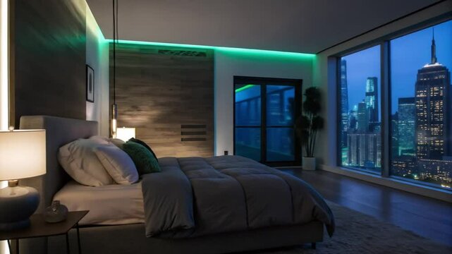Modern bedroom design ideas with city view luxury apartment interior design and led lighting inspiration