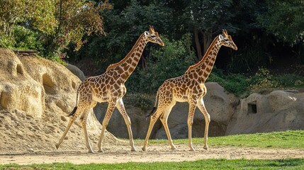 Obraz premium Two giraffes walking in a zoo enclosure with trees and rocks in the background.