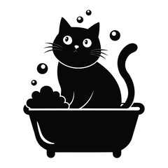 black cat in bathtub with bubbles and soap.
