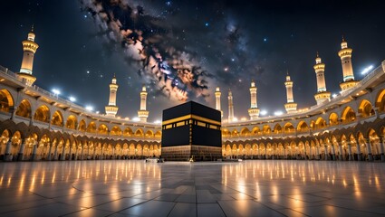 Masjid al-Haram at night with the Milky Way visible above. The Kaaba is illuminated, surrounded by the vast courtyard and minarets.