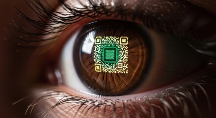 Close up of a human eye with a glowing digital qr code integrated into the brown iris