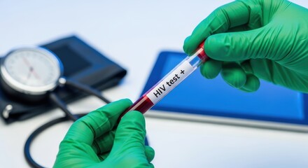 Medical professional holds a test tube with a positive hiv blood test result
