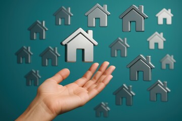 Hand reaching for a house icon surrounded by many other house symbols on a blue background