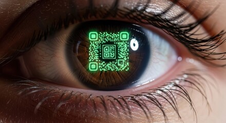 Human eye with glowing green qr code on iris, representing digital identity and future technology.