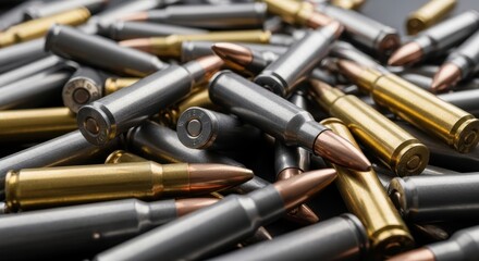 Close up of a large pile of rifle ammunition cartridges in gold and silver colors
