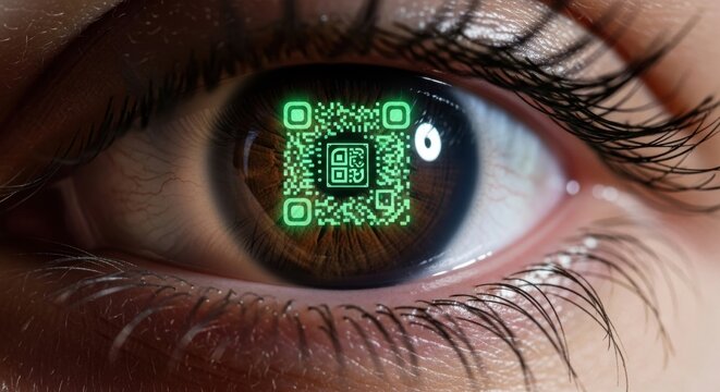 Human eye with glowing green qr code on iris, representing digital identity and future technology. - Powered by Adobe