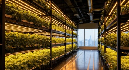 High tech indoor vertical hydroponic farm with rows of green plants and led lights