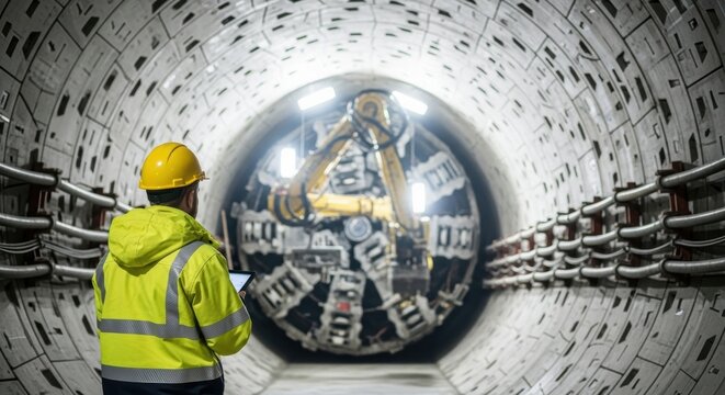 Fototapeta Engineer with tablet in a large tunnel looking at a tunnel boring machine