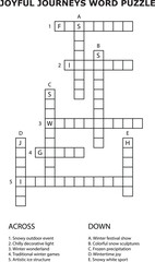 Joyful Journeys Winter Theme Word Puzzle Crossword Grid Game vector