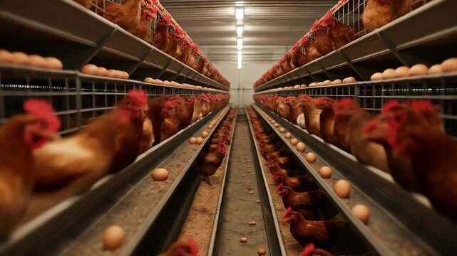 Rows of caged chickens and eggs in a poultry farm, viewed in perspective