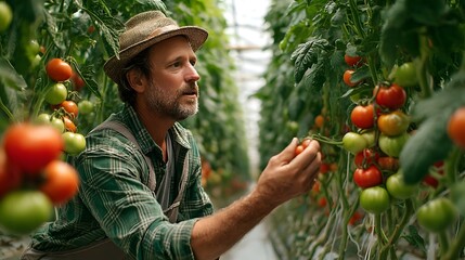 Farmer inspecting tomato crop in greenhouse