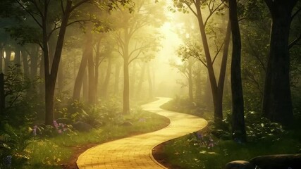 Yellow brick road winding through misty forest with sunlit trees - Powered by Adobe