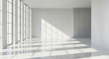 Obraz premium Sunlight Streaming Through Large Windows in an Empty White Modern Room Creating Patterned Shadows on the Floor in a Minimalist Interior Space