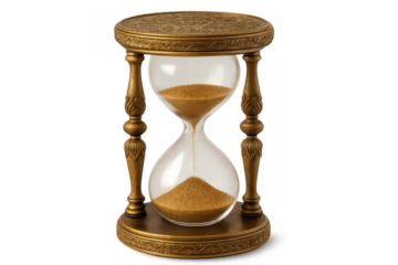 Golden sand cascading through intricate hourglass, marking temporal passage against translucent backdrop