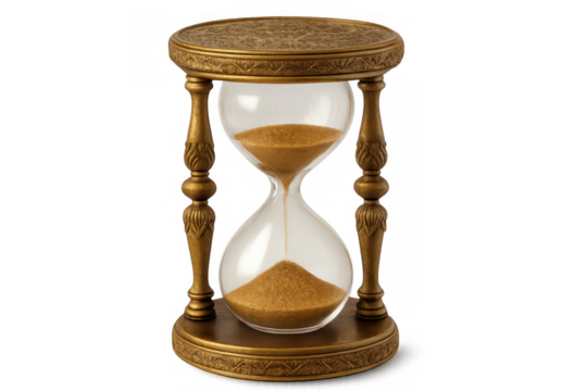 Golden sand cascading through intricate hourglass, marking temporal passage against translucent backdrop