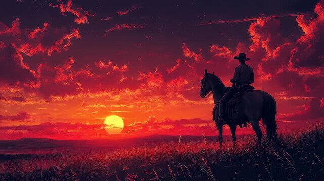 Silhouette of cowboy riding horse at vibrant sunset background in a field